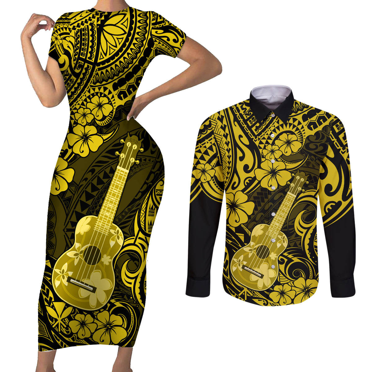 Hawaii Ukulele Couples Matching Short Sleeve Bodycon Dress and Long Sleeve Button Shirts Polynesian Pattern Yellow Version LT01 Yellow - Polynesian Pride