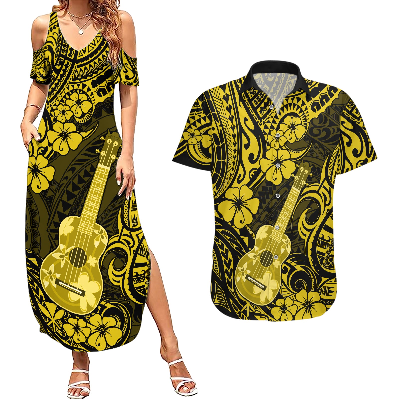 Hawaii Ukulele Couples Matching Summer Maxi Dress and Hawaiian Shirt Polynesian Pattern Yellow Version LT01 Yellow - Polynesian Pride