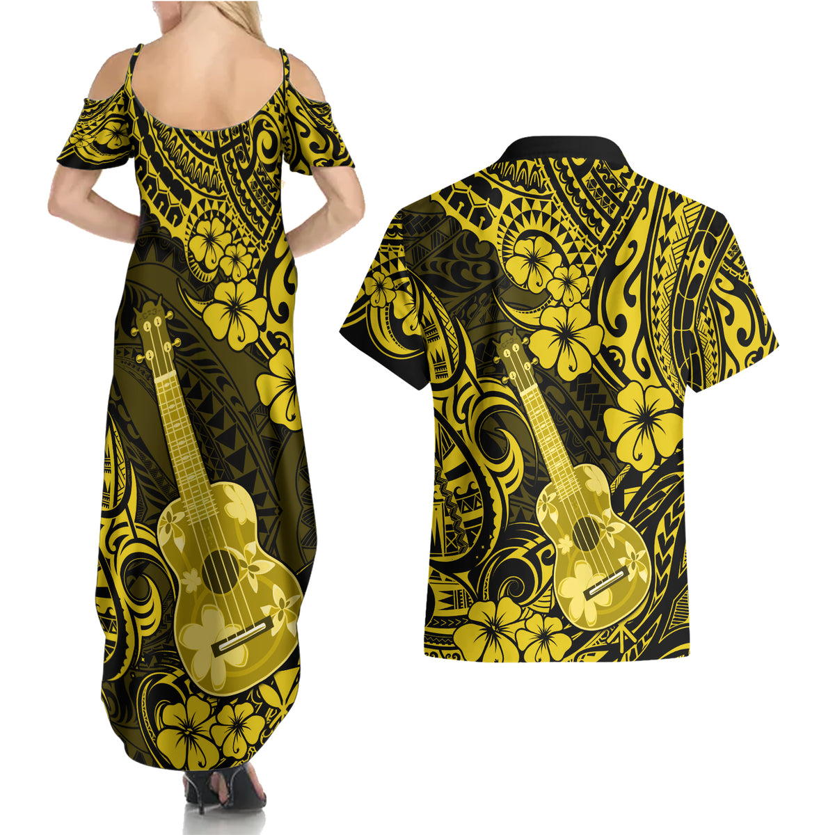 Hawaii Ukulele Couples Matching Summer Maxi Dress and Hawaiian Shirt Polynesian Pattern Yellow Version LT01 - Polynesian Pride