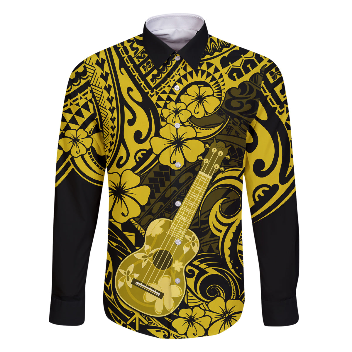 Hawaii Ukulele Family Matching Off Shoulder Long Sleeve Dress and Hawaiian Shirt Polynesian Pattern Yellow Version LT01 Dad's Shirt - Long Sleeve Yellow - Polynesian Pride