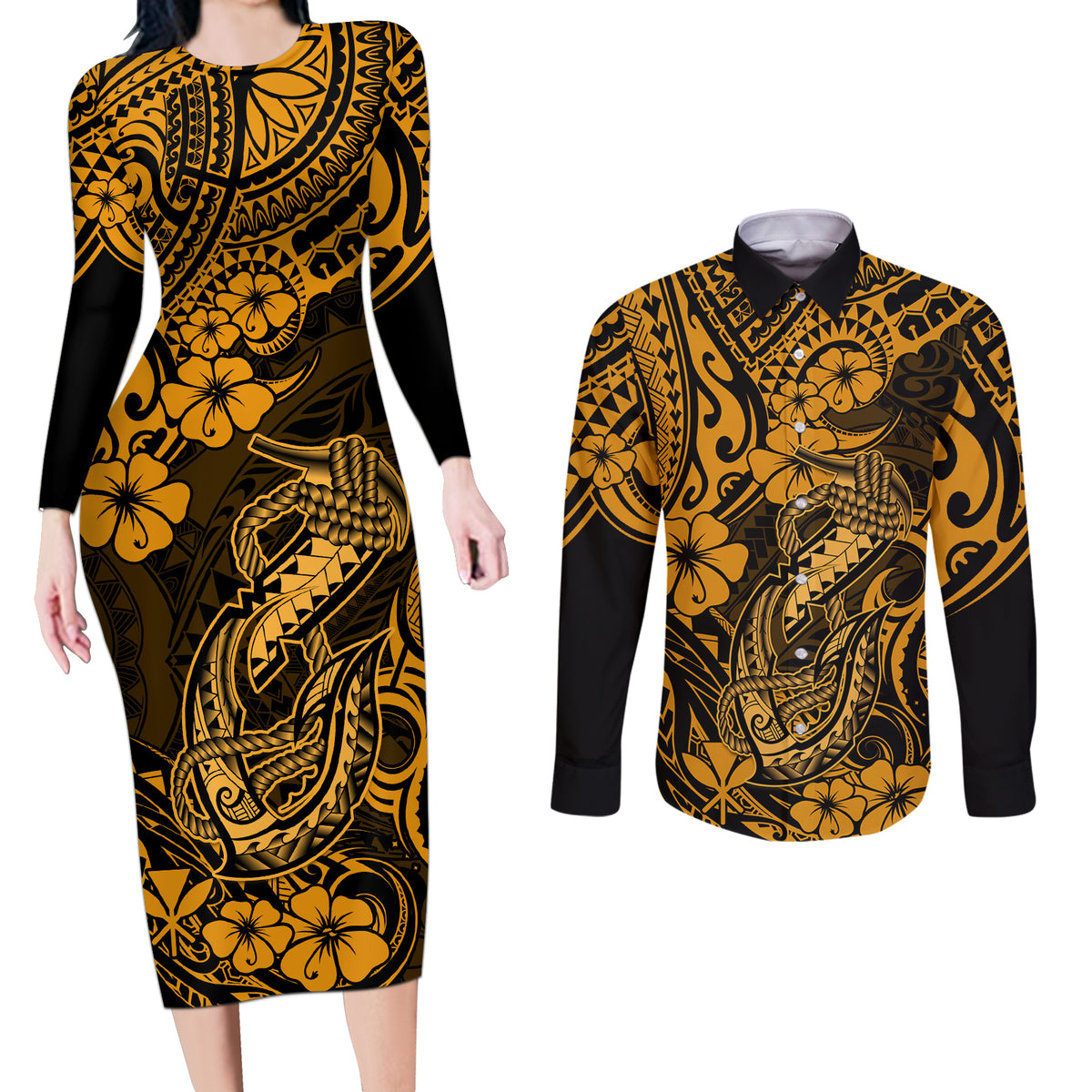 Hawaii Fish Hook Couples Matching Long Sleeve Bodycon Dress and Long Sleeve Button Shirts Polynesian Pattern Gold Version LT01 Gold - Polynesian Pride