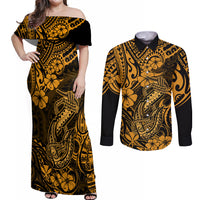 Hawaii Fish Hook Couples Matching Off Shoulder Maxi Dress and Long Sleeve Button Shirts Polynesian Pattern Gold Version LT01 Gold - Polynesian Pride
