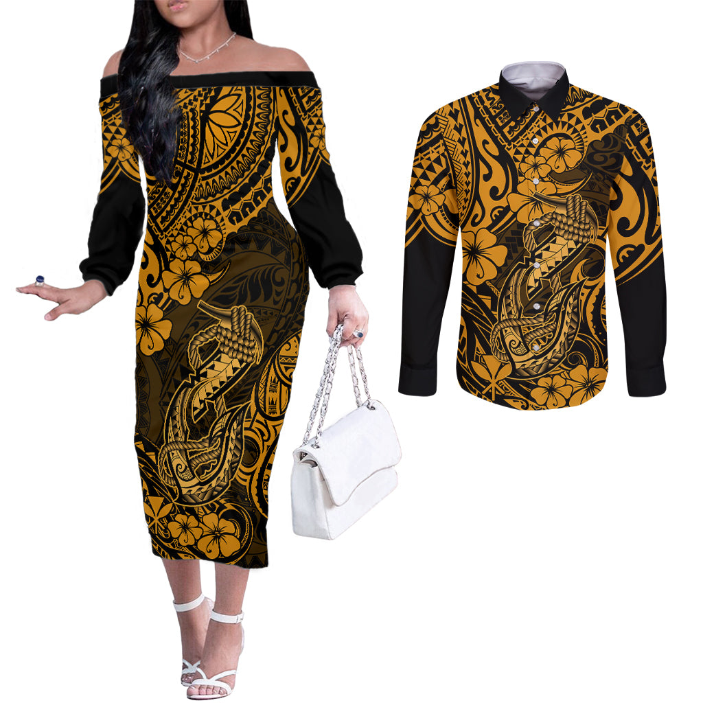 Hawaii Fish Hook Couples Matching Off The Shoulder Long Sleeve Dress and Long Sleeve Button Shirts Polynesian Pattern Gold Version LT01 Gold - Polynesian Pride
