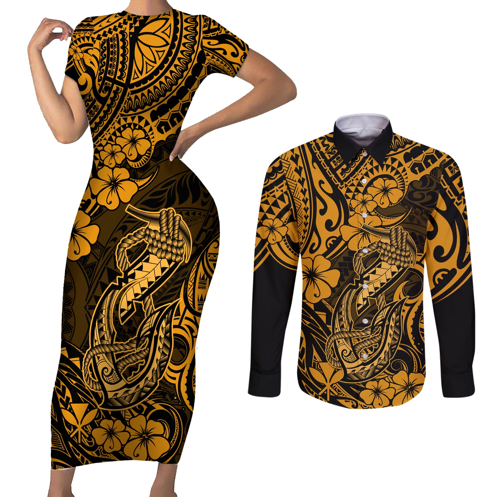 Hawaii Fish Hook Couples Matching Short Sleeve Bodycon Dress and Long Sleeve Button Shirts Polynesian Pattern Gold Version LT01 Gold - Polynesian Pride