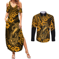 Hawaii Fish Hook Couples Matching Summer Maxi Dress and Long Sleeve Button Shirts Polynesian Pattern Gold Version LT01 Gold - Polynesian Pride