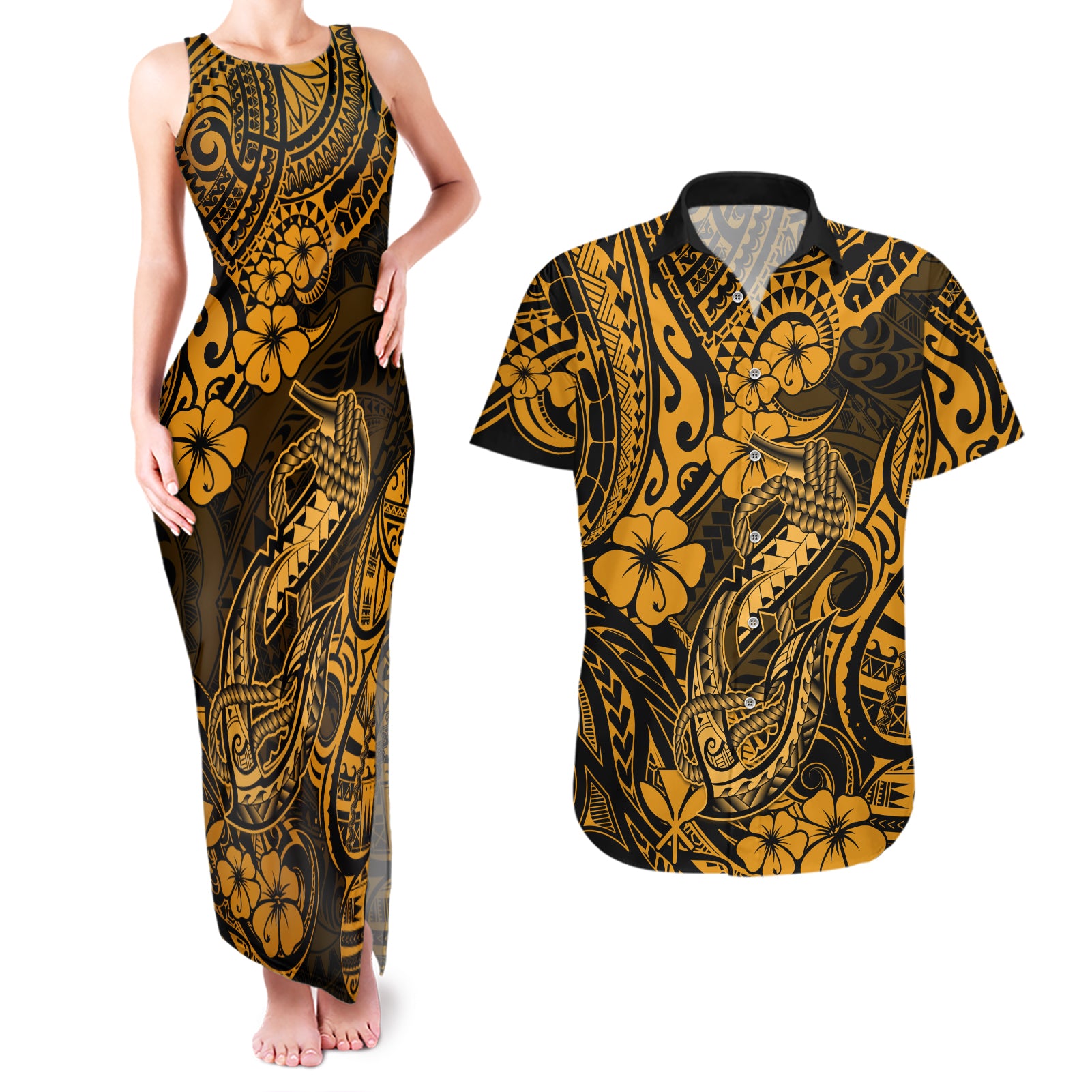 Hawaii Fish Hook Couples Matching Tank Maxi Dress and Hawaiian Shirt Polynesian Pattern Gold Version LT01 Gold - Polynesian Pride