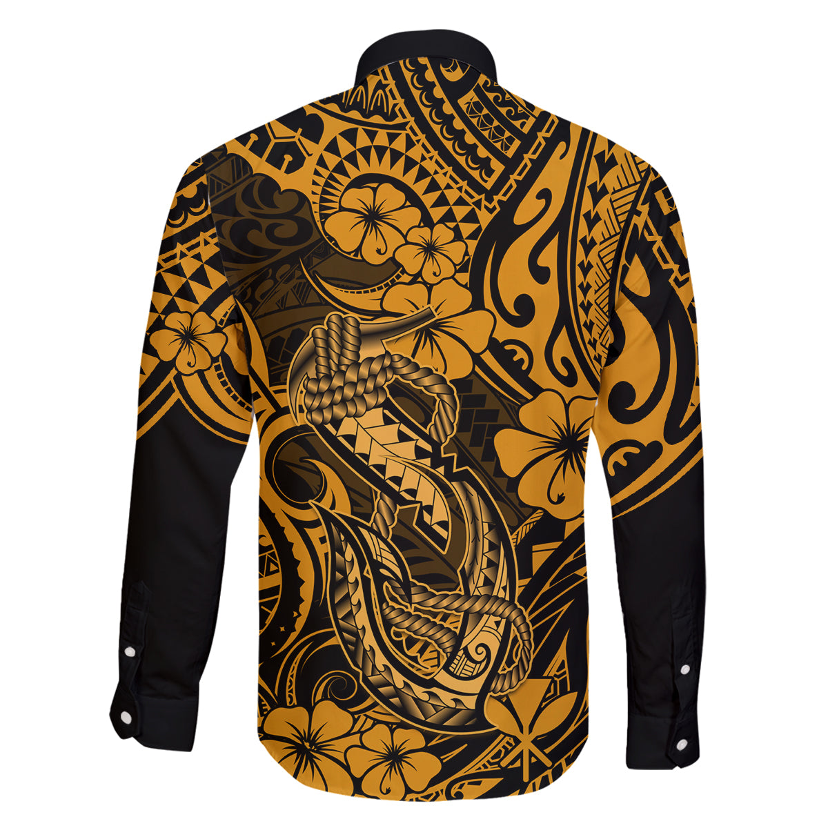 Hawaii Fish Hook Family Matching Long Sleeve Bodycon Dress and Hawaiian Shirt Polynesian Pattern Gold Version LT01 - Polynesian Pride
