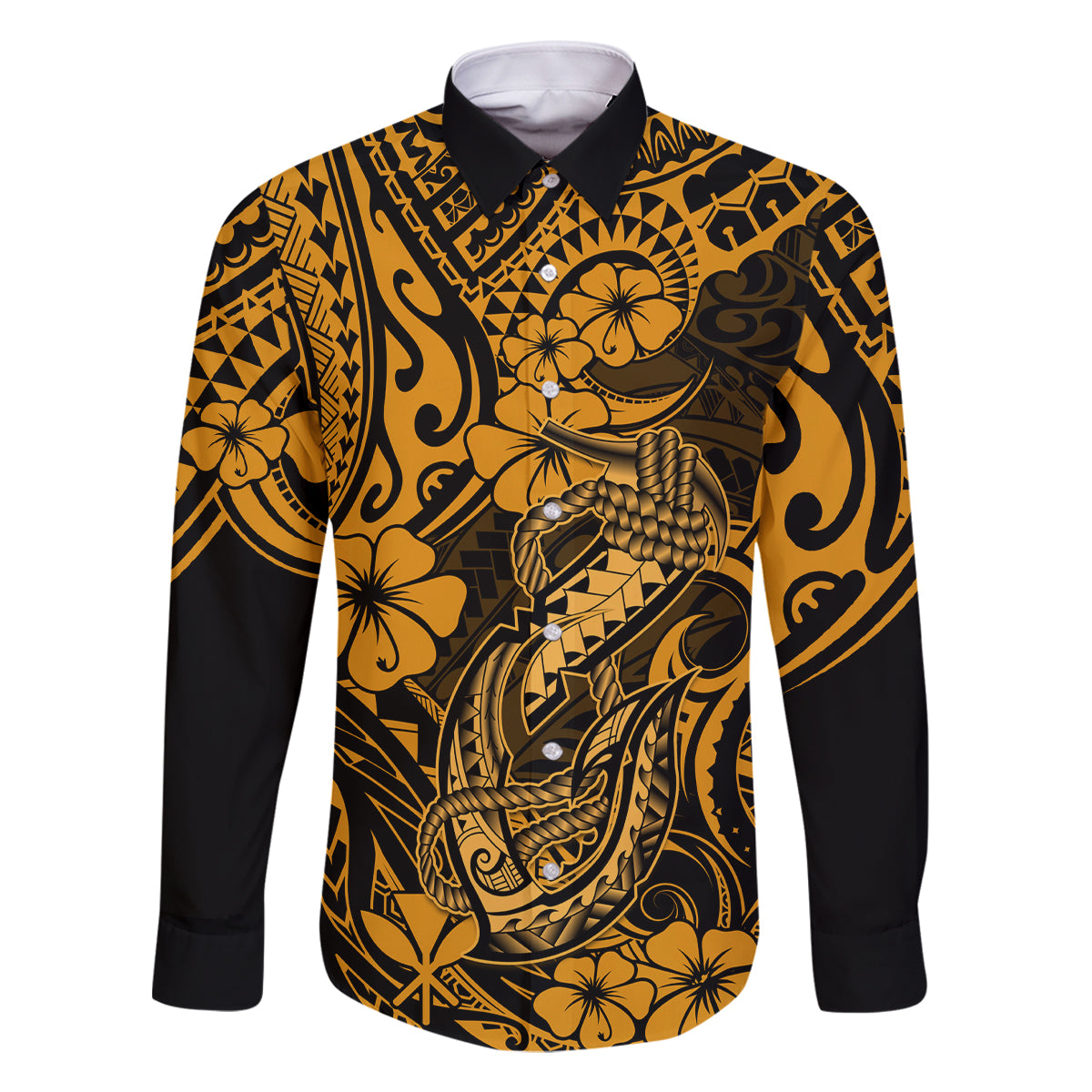 Hawaii Fish Hook Family Matching Off Shoulder Maxi Dress and Hawaiian Shirt Polynesian Pattern Gold Version LT01 Dad's Shirt - Long Sleeve Gold - Polynesian Pride