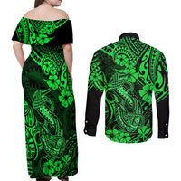 Hawaii Fish Hook Couples Matching Off Shoulder Maxi Dress and Long Sleeve Button Shirts Polynesian Pattern Green Version LT01 - Polynesian Pride