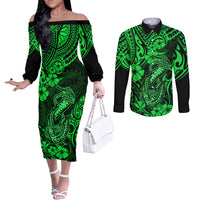 Hawaii Fish Hook Couples Matching Off The Shoulder Long Sleeve Dress and Long Sleeve Button Shirts Polynesian Pattern Green Version LT01 Green - Polynesian Pride