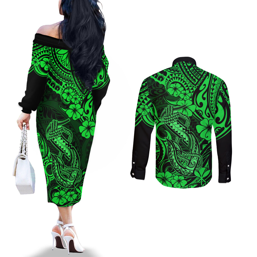 Hawaii Fish Hook Couples Matching Off The Shoulder Long Sleeve Dress and Long Sleeve Button Shirts Polynesian Pattern Green Version LT01 - Polynesian Pride