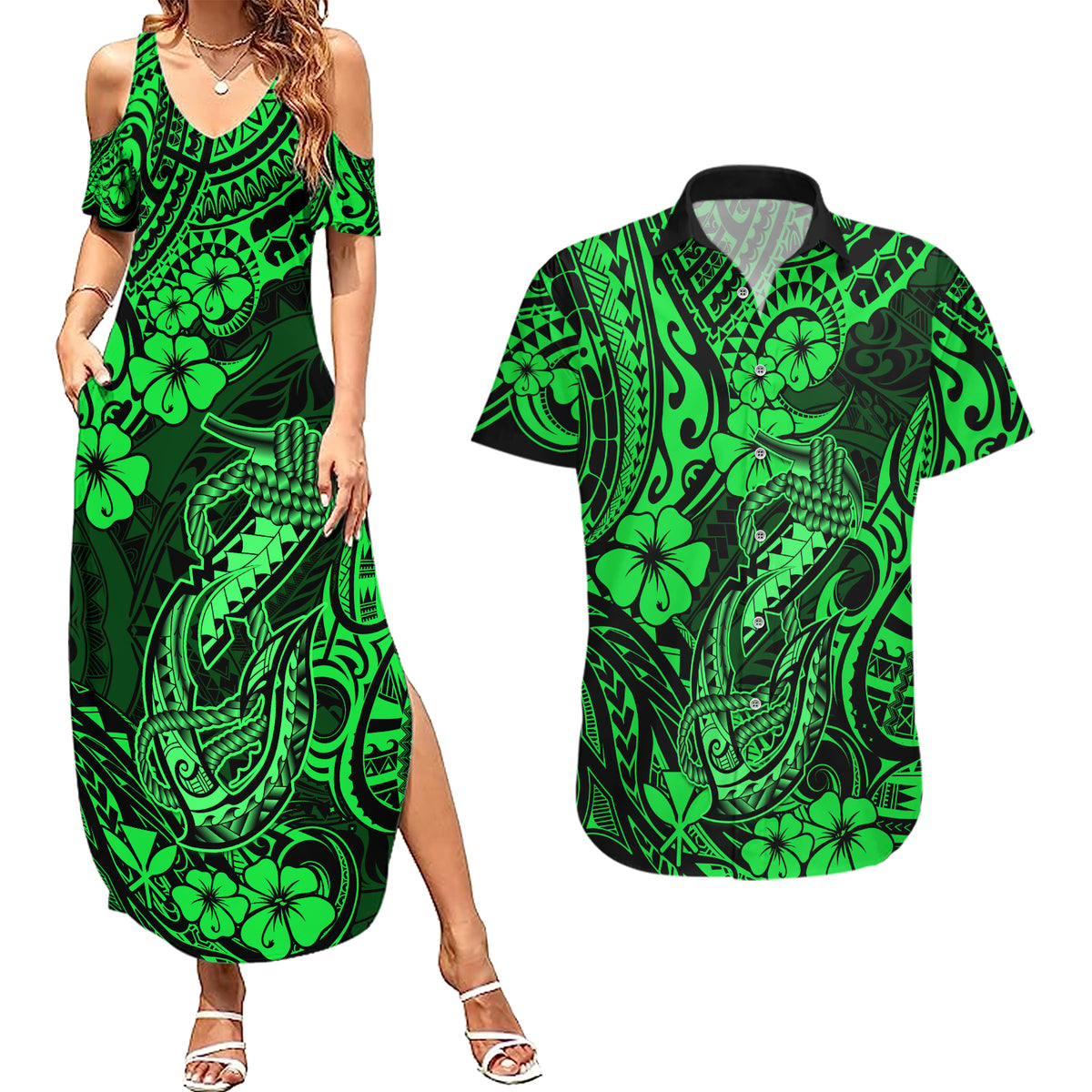 Hawaii Fish Hook Couples Matching Summer Maxi Dress and Hawaiian Shirt Polynesian Pattern Green Version LT01 Green - Polynesian Pride