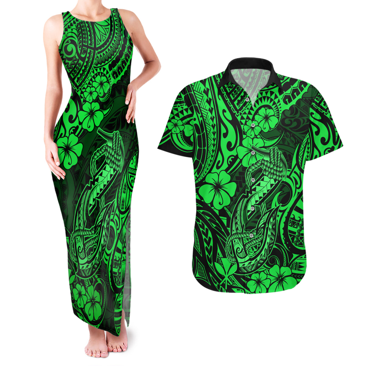 Hawaii Fish Hook Couples Matching Tank Maxi Dress and Hawaiian Shirt Polynesian Pattern Green Version LT01 Green - Polynesian Pride
