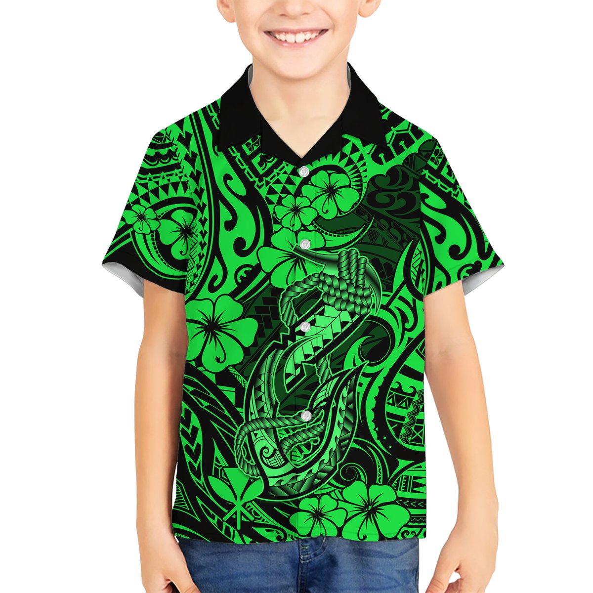 Hawaii Fish Hook Hawaiian Shirt Polynesian Pattern Green Version LT01 - Polynesian Pride