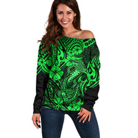 Hawaii Fish Hook Off Shoulder Sweater Polynesian Pattern Green Version LT01 Women Green - Polynesian Pride