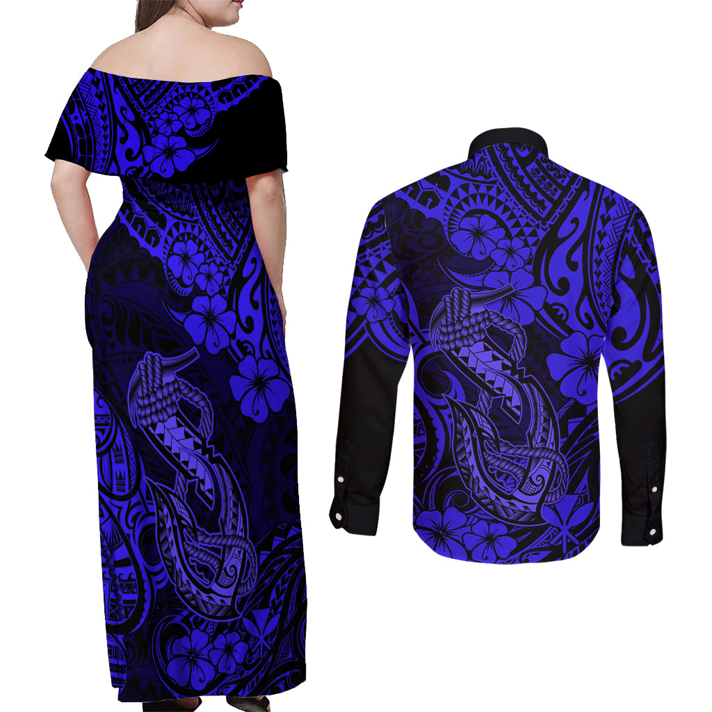 Hawaii Fish Hook Couples Matching Off Shoulder Maxi Dress and Long Sleeve Button Shirts Polynesian Pattern Navy Blue Version LT01 - Polynesian Pride