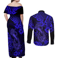 Hawaii Fish Hook Couples Matching Off Shoulder Maxi Dress and Long Sleeve Button Shirts Polynesian Pattern Navy Blue Version LT01 - Polynesian Pride