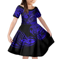 Hawaii Fish Hook Family Matching Off Shoulder Long Sleeve Dress and Hawaiian Shirt Polynesian Pattern Navy Blue Version LT01 Daughter's Dress Blue - Polynesian Pride