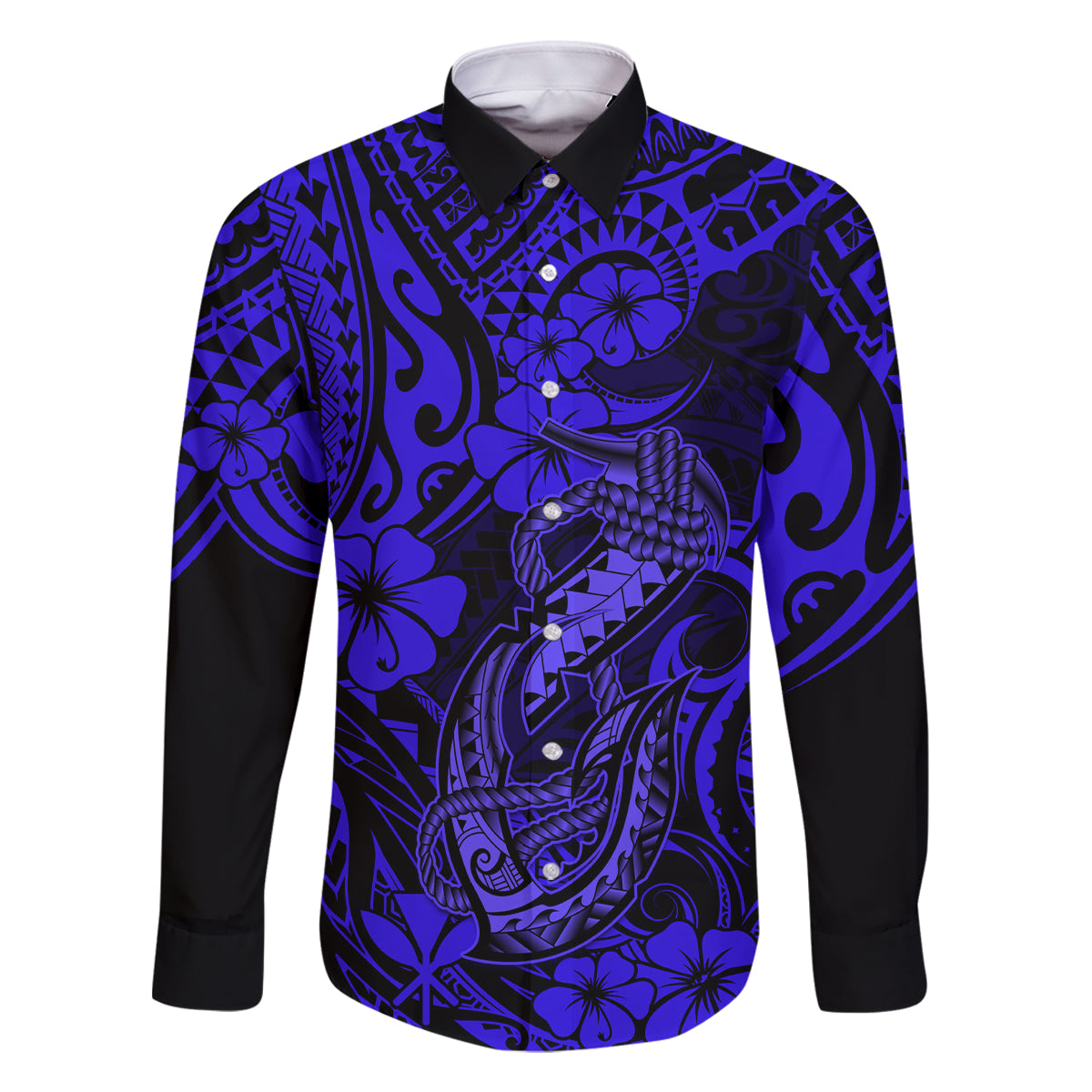 Hawaii Fish Hook Family Matching Off Shoulder Short Dress and Hawaiian Shirt Polynesian Pattern Navy Blue Version LT01 Dad's Shirt - Long Sleeve Blue - Polynesian Pride