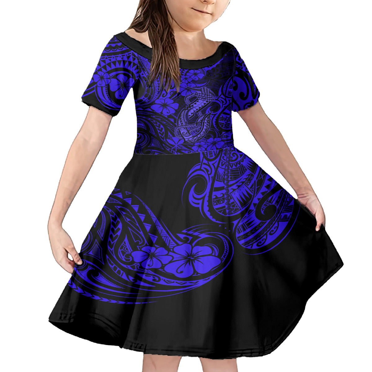 Hawaii Fish Hook Kid Short Sleeve Dress Polynesian Pattern Navy Blue Version LT01 KID Blue - Polynesian Pride