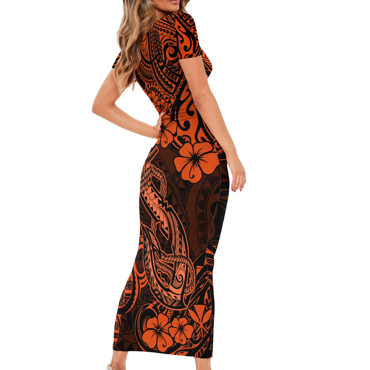 Hawaii Fish Hook Family Matching Short Sleeve Bodycon Dress and Hawaiian Shirt Polynesian Pattern Orange Version LT01 - Polynesian Pride