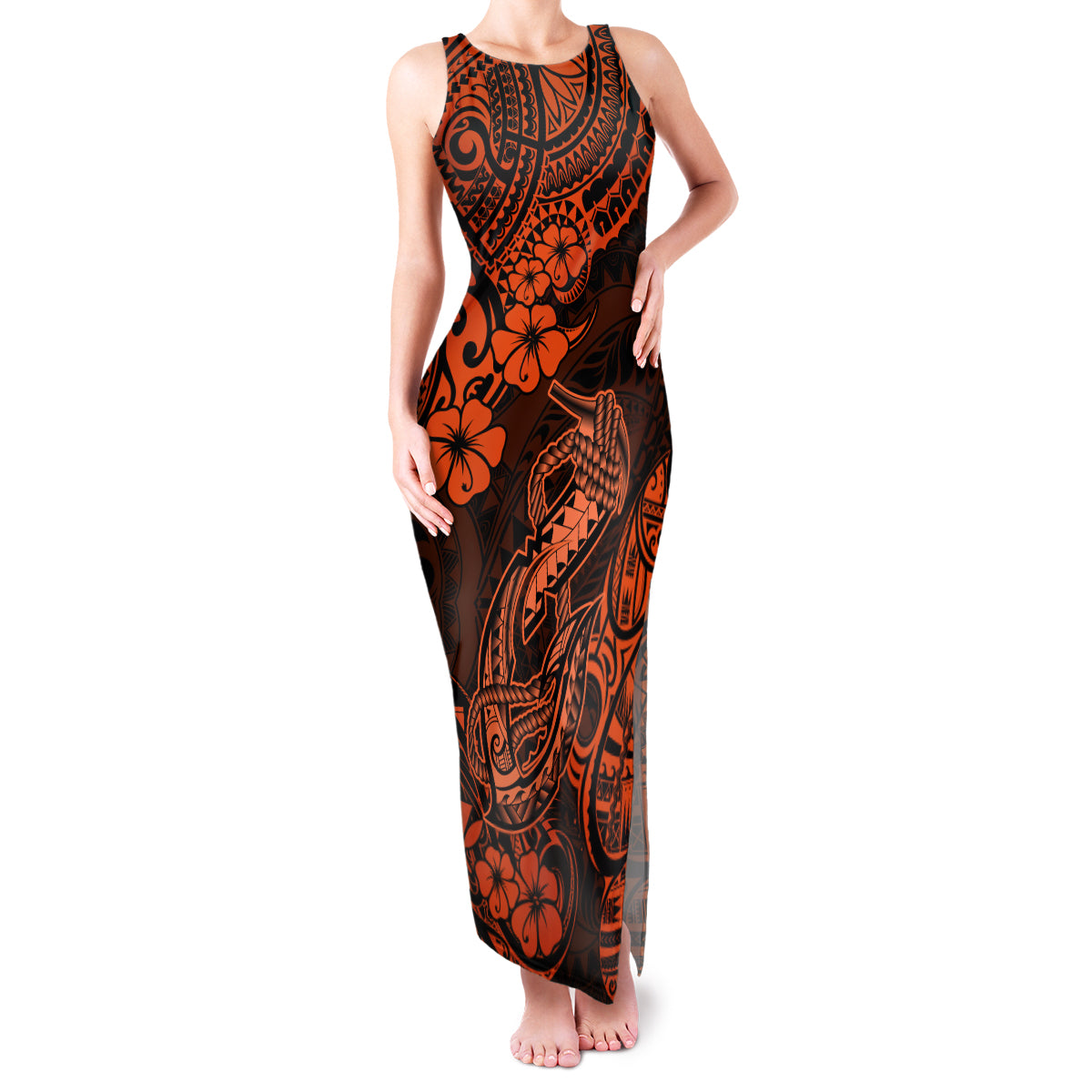 Hawaii Fish Hook Family Matching Tank Maxi Dress and Hawaiian Shirt Polynesian Pattern Orange Version LT01 Mom's Dress Orange - Polynesian Pride