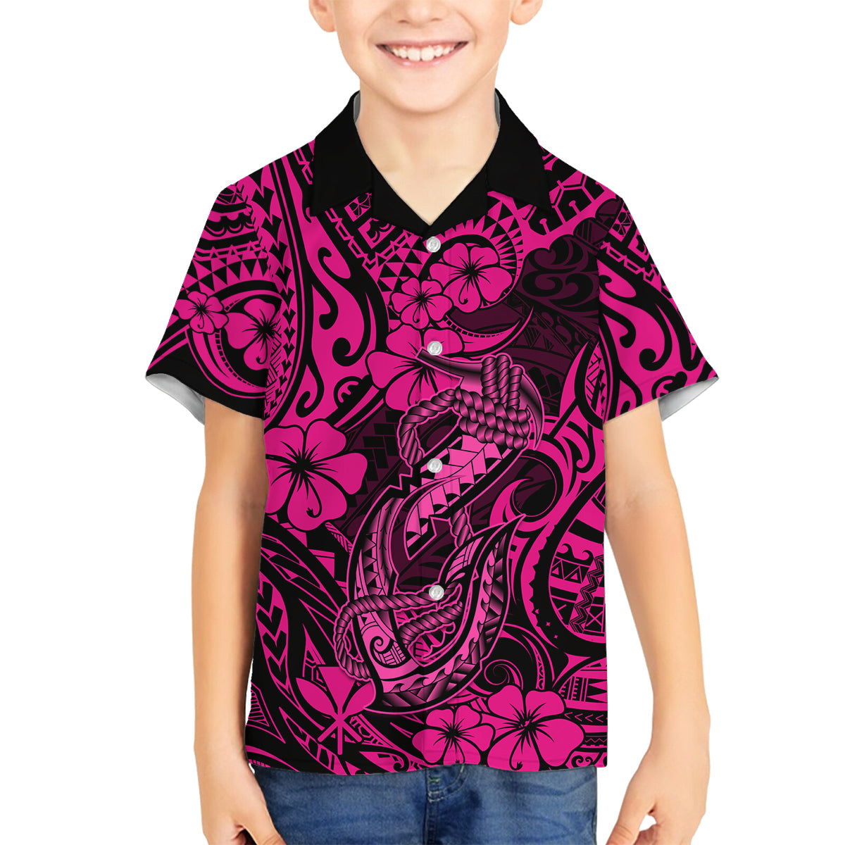Hawaii Fish Hook Family Matching Off Shoulder Long Sleeve Dress and Hawaiian Shirt Hibiscus Hawaii Tribal Tattoo Pink Version LT01 Son's Shirt Pink - Polynesian Pride