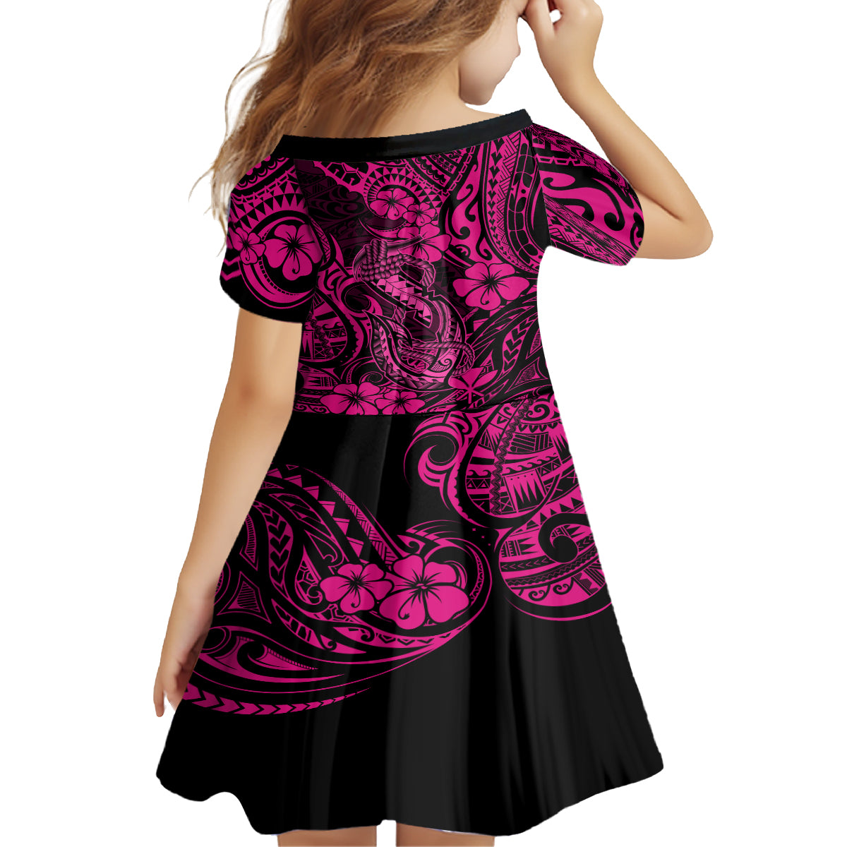 Hawaii Fish Hook Kid Short Sleeve Dress Hibiscus Hawaii Tribal Tattoo Pink Version LT01 - Polynesian Pride