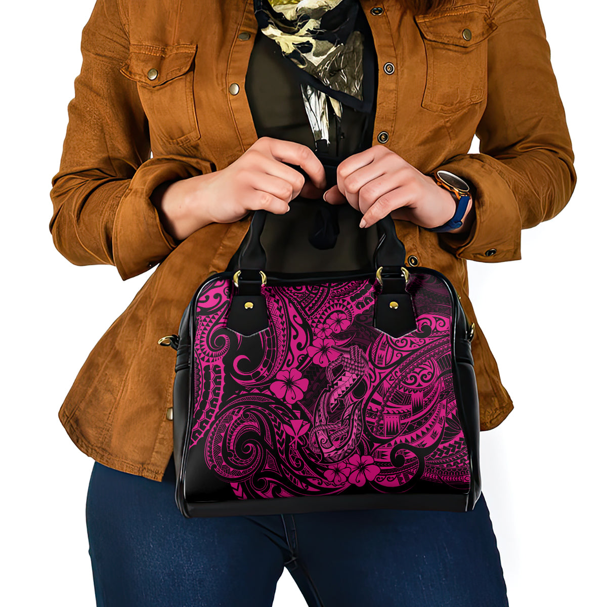 Hawaii Fish Hook Shoulder Handbag Hibiscus Hawaii Tribal Tattoo Pink Version LT01 - Polynesian Pride