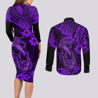 Hawaii Fish Hook Couples Matching Long Sleeve Bodycon Dress and Long Sleeve Button Shirts Hibiscus Hawaii Tribal Tattoo Purple Version LT01 - Polynesian Pride