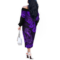 Hawaii Fish Hook Off The Shoulder Long Sleeve Dress Hibiscus Hawaii Tribal Tattoo Purple Version LT01 - Polynesian Pride