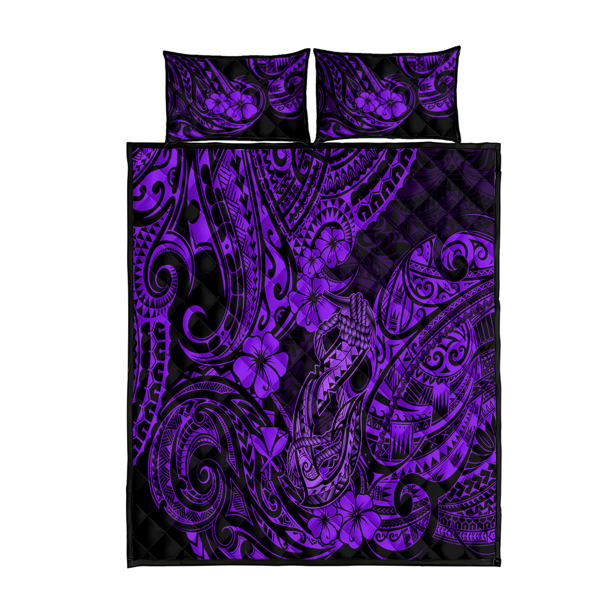 Hawaii Fish Hook Quilt Bed Set Hibiscus Hawaii Tribal Tattoo Purple Version LT01 Purple - Polynesian Pride