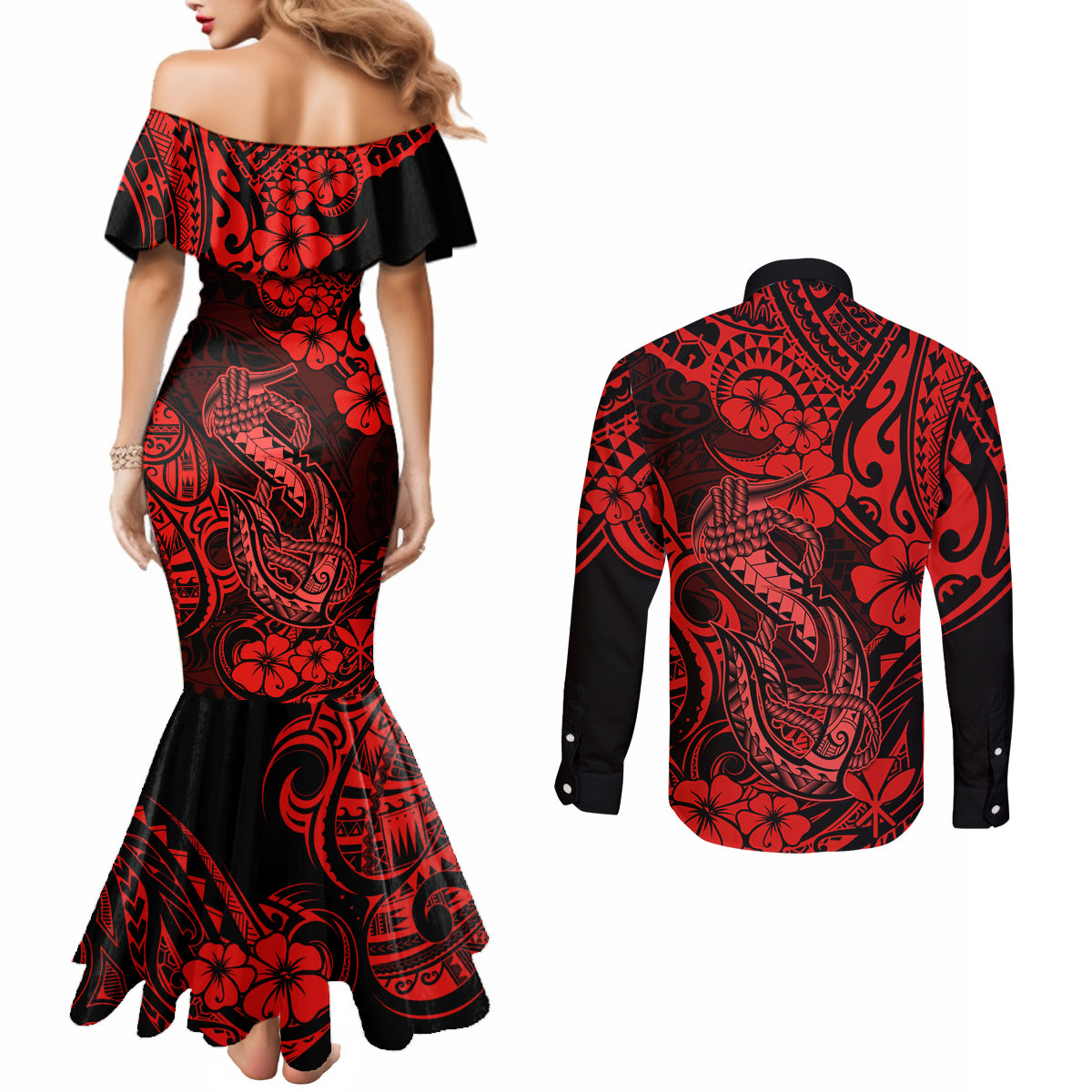 Hawaii Fish Hook Couples Matching Mermaid Dress and Long Sleeve Button Shirts Hibiscus Hawaii Tribal Tattoo Red Version LT01 - Polynesian Pride