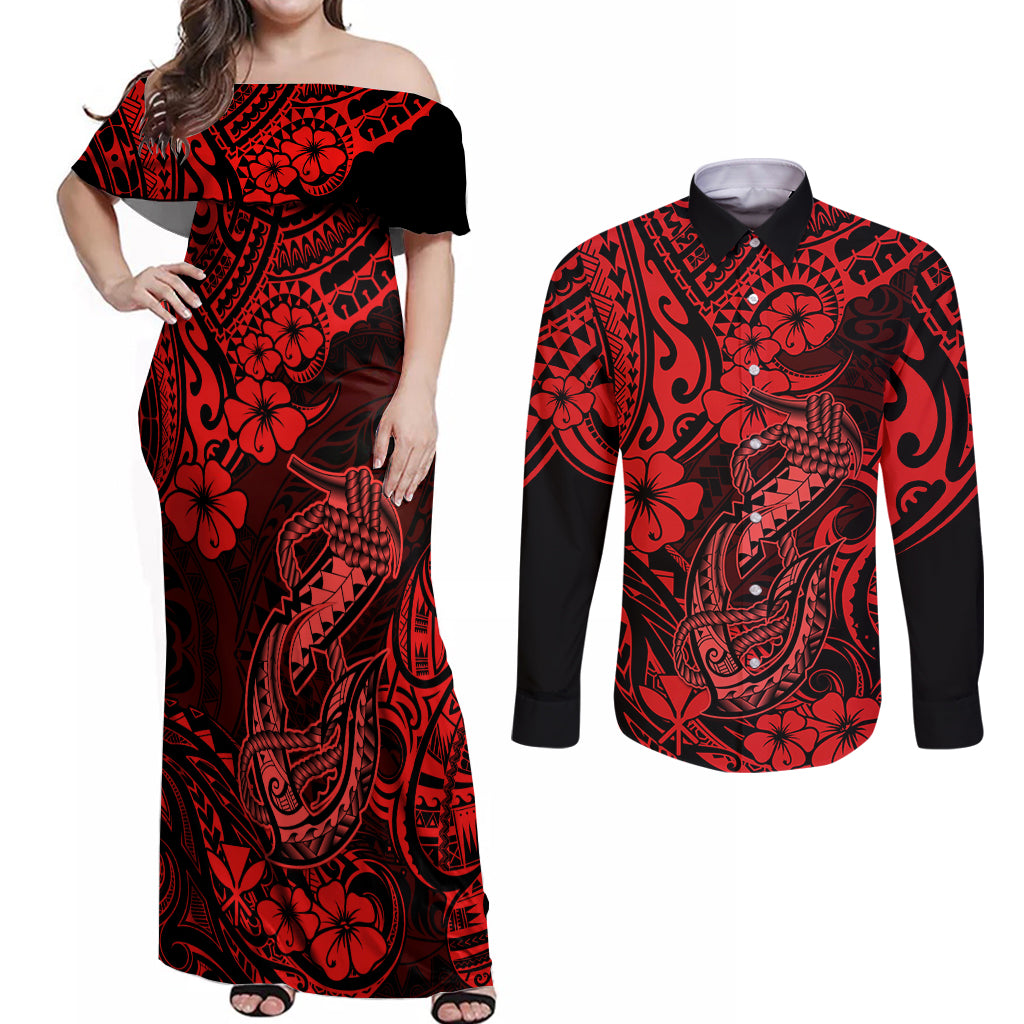 Hawaii Fish Hook Couples Matching Off Shoulder Maxi Dress and Long Sleeve Button Shirts Hibiscus Hawaii Tribal Tattoo Red Version LT01 Red - Polynesian Pride