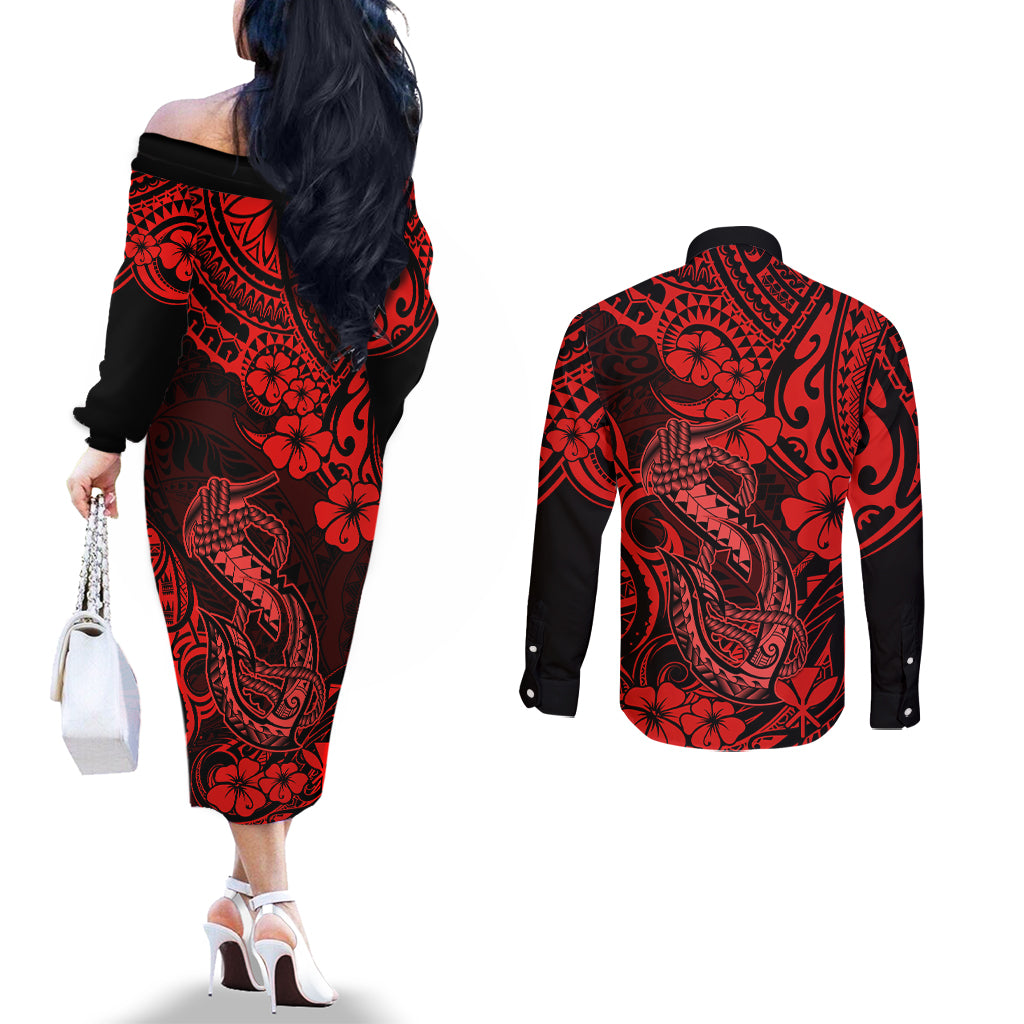 Hawaii Fish Hook Couples Matching Off The Shoulder Long Sleeve Dress and Long Sleeve Button Shirts Hibiscus Hawaii Tribal Tattoo Red Version LT01 - Polynesian Pride