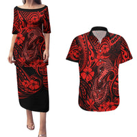 Hawaii Fish Hook Couples Matching Puletasi Dress and Hawaiian Shirt Hibiscus Hawaii Tribal Tattoo Red Version LT01 Red - Polynesian Pride