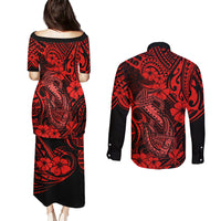 Hawaii Fish Hook Couples Matching Puletasi Dress and Long Sleeve Button Shirts Hibiscus Hawaii Tribal Tattoo Red Version LT01 - Polynesian Pride