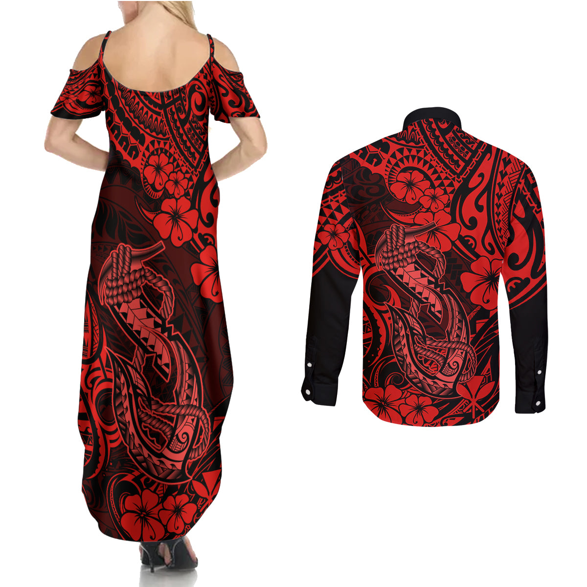 Hawaii Fish Hook Couples Matching Summer Maxi Dress and Long Sleeve Button Shirts Hibiscus Hawaii Tribal Tattoo Red Version LT01 - Polynesian Pride
