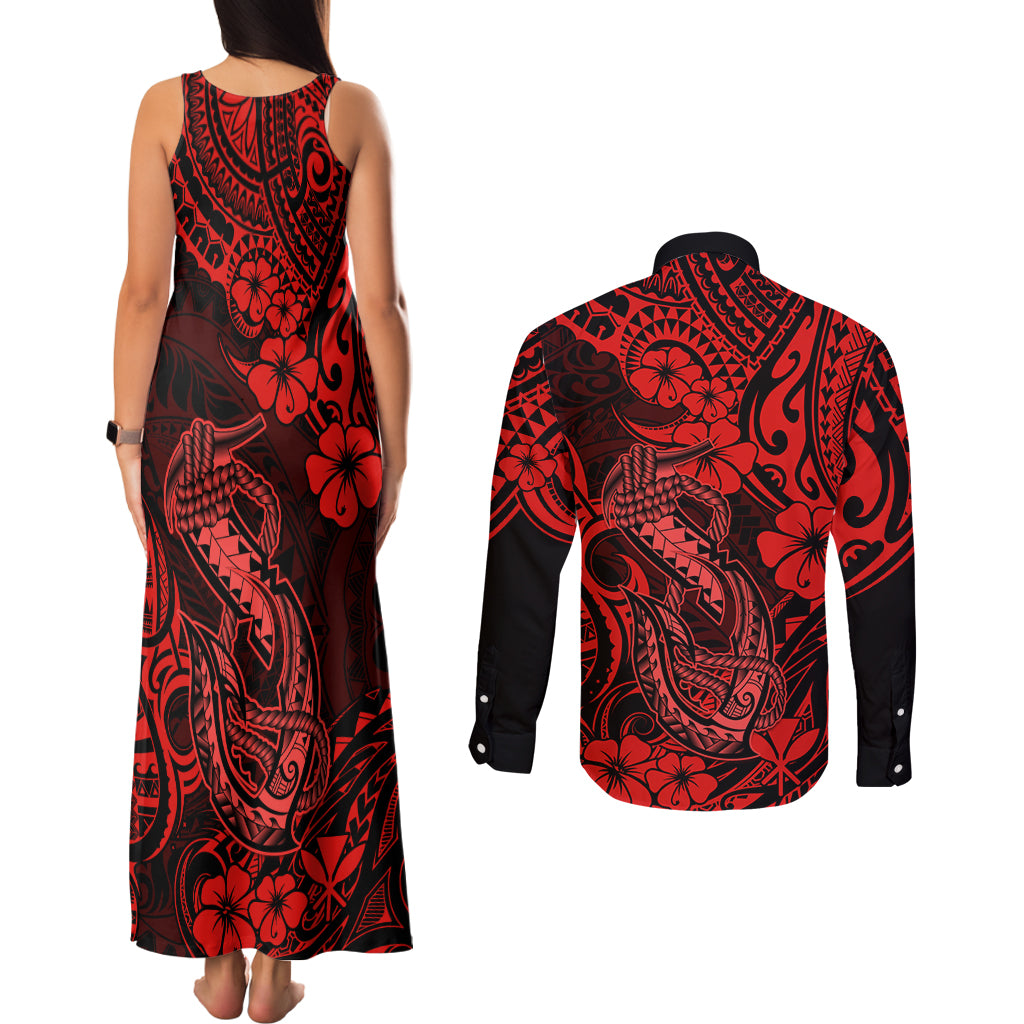 Hawaii Fish Hook Couples Matching Tank Maxi Dress and Long Sleeve Button Shirts Hibiscus Hawaii Tribal Tattoo Red Version LT01 - Polynesian Pride