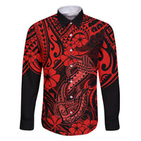 Hawaii Fish Hook Family Matching Off Shoulder Short Dress and Hawaiian Shirt Hibiscus Hawaii Tribal Tattoo Red Version LT01 Dad's Shirt - Long Sleeve Red - Polynesian Pride