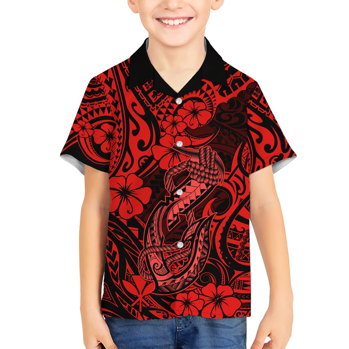 Hawaii Fish Hook Hawaiian Shirt Hibiscus Hawaii Tribal Tattoo Red Version LT01 - Polynesian Pride