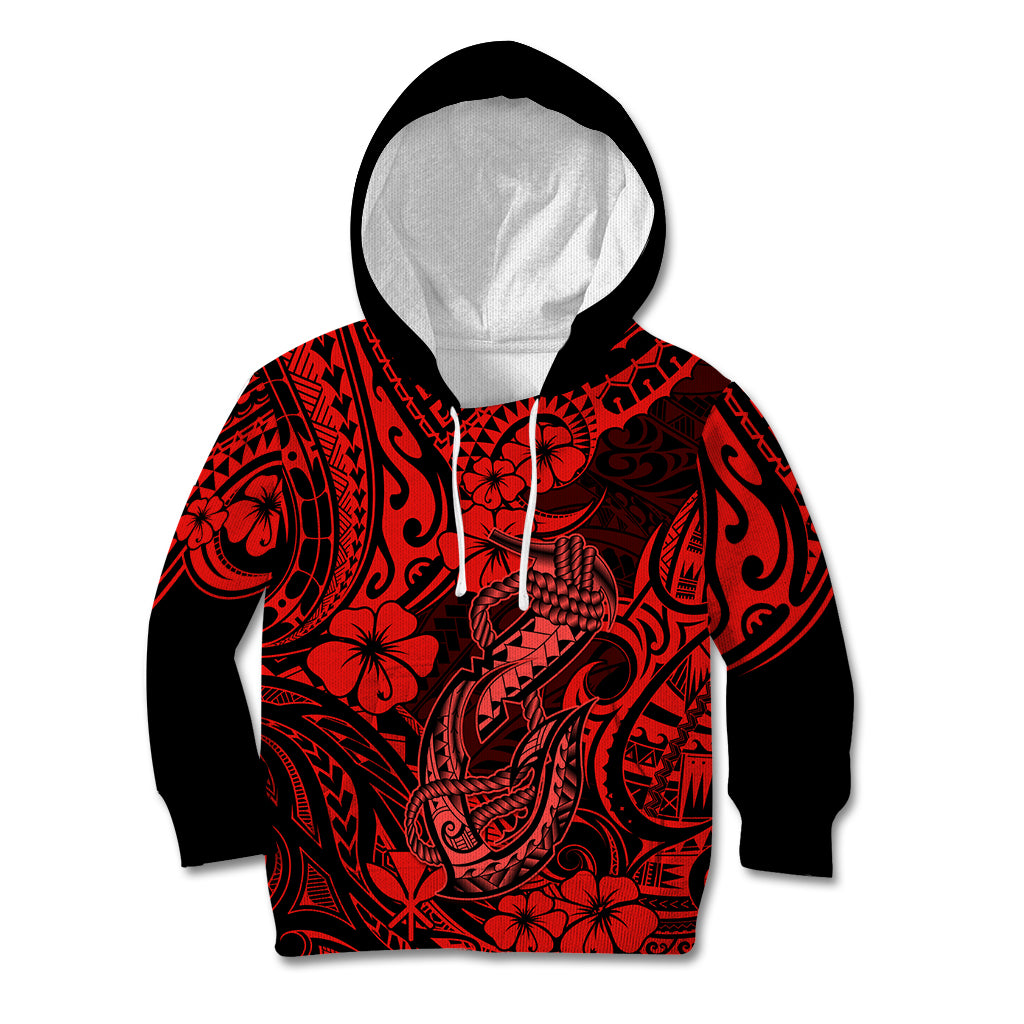Hawaii Fish Hook Kid Hoodie Hibiscus Hawaii Tribal Tattoo Red Version LT01 Red - Polynesian Pride
