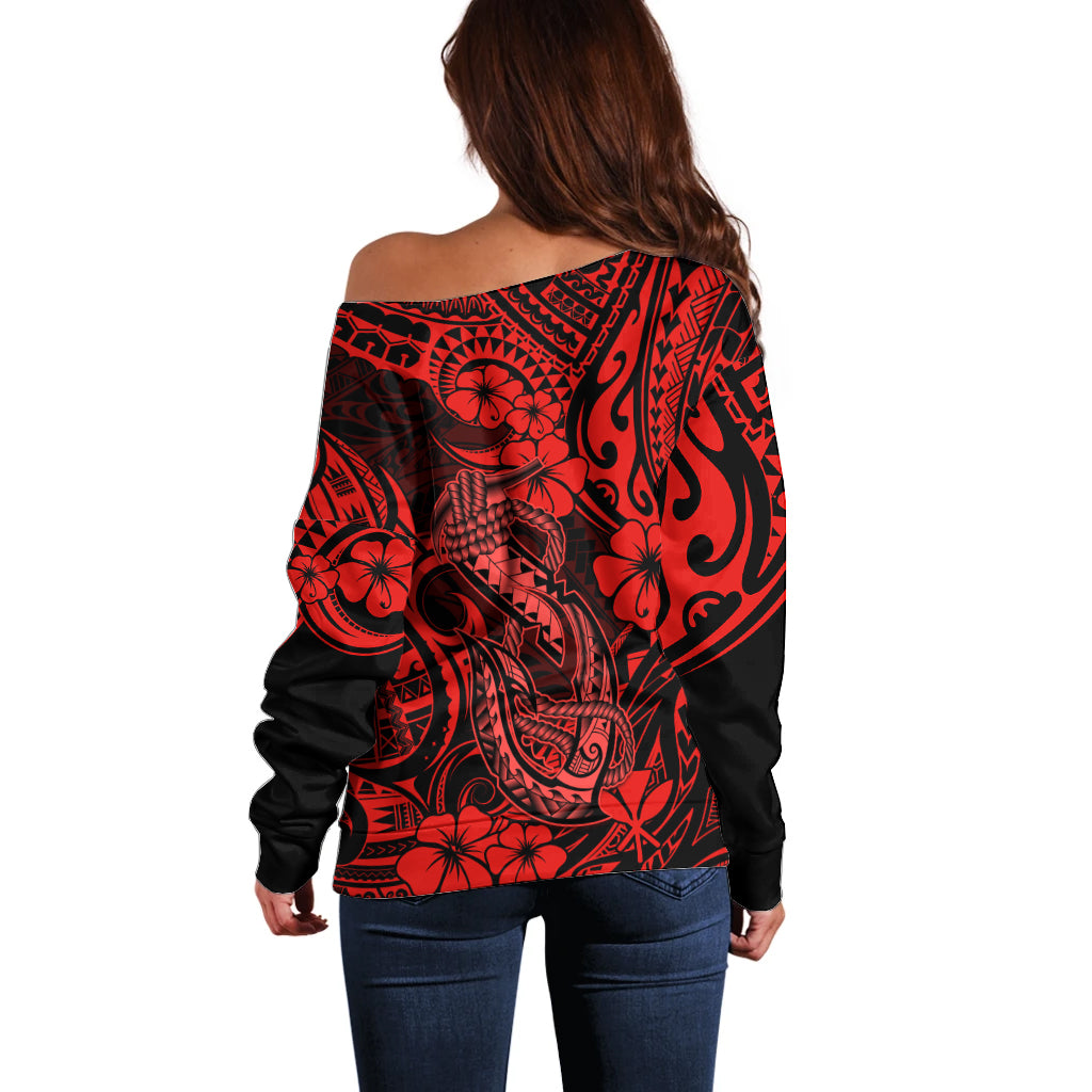 Hawaii Fish Hook Off Shoulder Sweater Hibiscus Hawaii Tribal Tattoo Red Version LT01 - Polynesian Pride