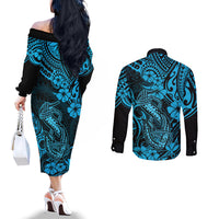 Hawaii Fish Hook Couples Matching Off The Shoulder Long Sleeve Dress and Long Sleeve Button Shirts Hibiscus Hawaii Tribal Tattoo Sky Blue Version LT01 - Polynesian Pride