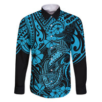Hawaii Fish Hook Family Matching Off Shoulder Long Sleeve Dress and Hawaiian Shirt Hibiscus Hawaii Tribal Tattoo Sky Blue Version LT01 Dad's Shirt - Long Sleeve Blue - Polynesian Pride