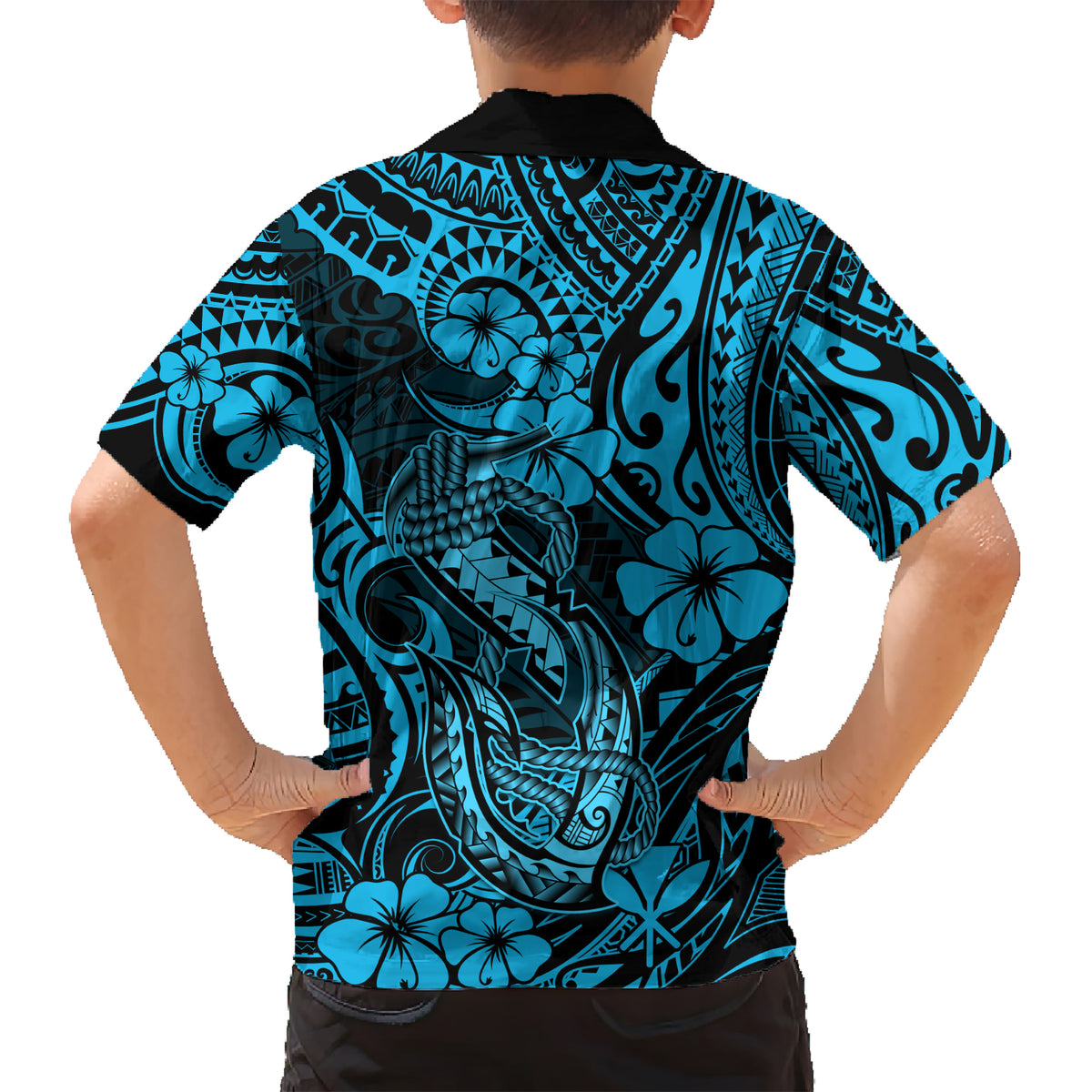 Hawaii Fish Hook Kid Hawaiian Shirt Hibiscus Hawaii Tribal Tattoo Sky Blue Version LT01 - Polynesian Pride