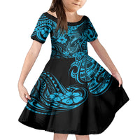Hawaii Fish Hook Kid Short Sleeve Dress Hibiscus Hawaii Tribal Tattoo Sky Blue Version LT01 KID Blue - Polynesian Pride