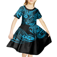 Hawaii Fish Hook Kid Short Sleeve Dress Hibiscus Hawaii Tribal Tattoo Sky Blue Version LT01 - Polynesian Pride