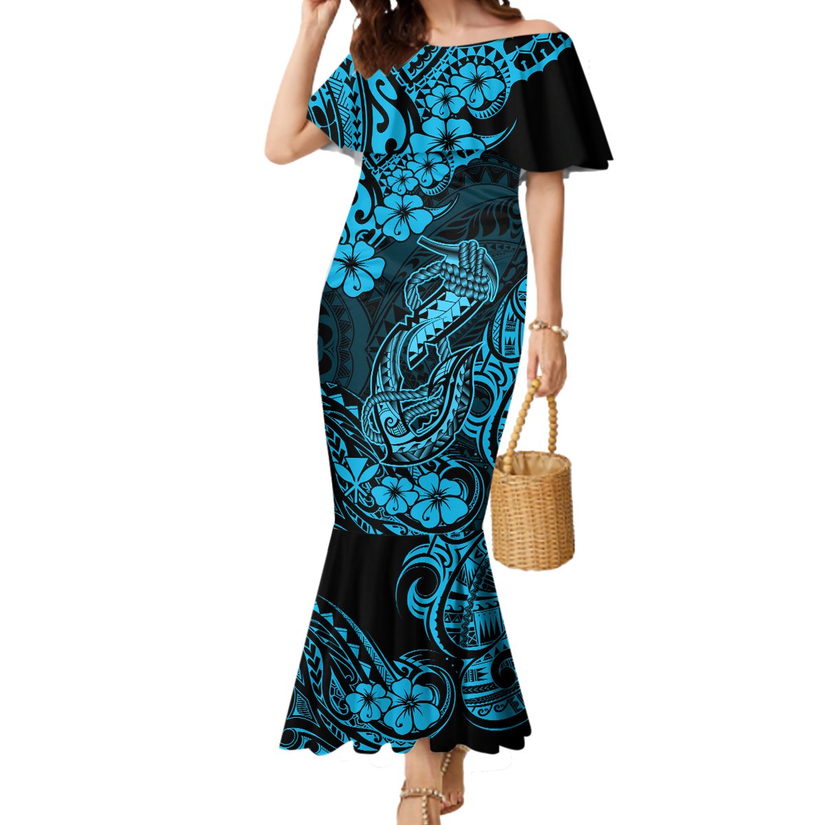 Hawaii Fish Hook Mermaid Dress Hibiscus Hawaii Tribal Tattoo Sky Blue Version LT01 Women Blue - Polynesian Pride