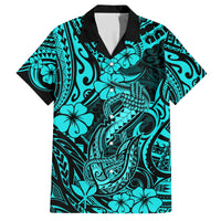 Hawaii Fish Hook Family Matching Short Sleeve Bodycon Dress and Hawaiian Shirt Hibiscus Hawaii Tribal Tattoo Turquoise Version LT01 Dad's Shirt - Short Sleeve Turquoise - Polynesian Pride